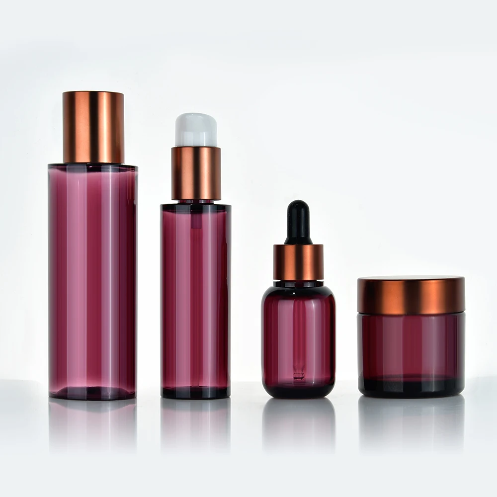 Wholesale Cosmetic Purple Plastic Skincare Packaging 30ml 50ml 110ml Plastic Toner Emulsion Lotion Serum Essence Bottle and Jar