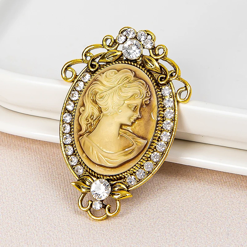 Vintage Sparkling Rhinestone Beauty Girl Head Brooches Fashion Oval Portrait Brooch Women Accessory