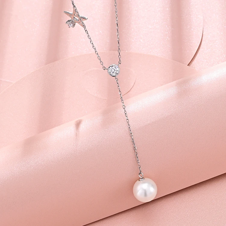 Classic Silver Jewelry Moon Star Charm Chain Women Shell Pearl Necklace Long Pearl Necklace