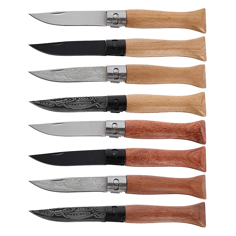 2024 Hot sale wood handle steel blade custom wholesale outdoor pocket survival camping portable folding knife with leather case