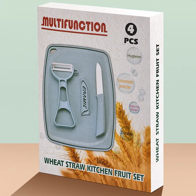 4 pieces kitchen gadgets innovative multifunction wheat straw kitchen fruit knife peeler set with cutting board tray