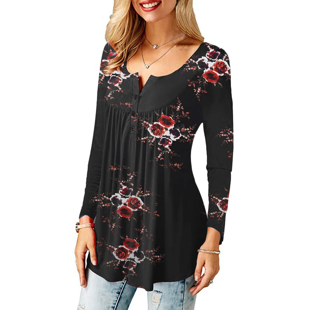 Amazon supplier OMJ OEM plus size casual floral print long sleeves shirts front buttons placket women blouse t shirt