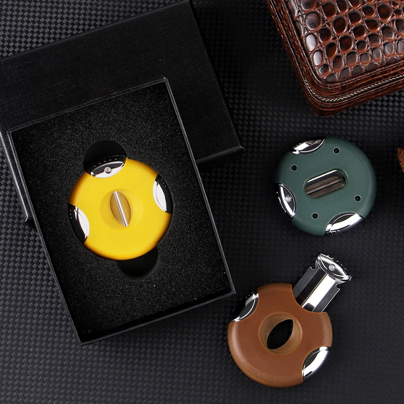 Stainless Steel Guillotine Double Cut Round Head Scissors Yellow Sharp Blades Pocket Size Classic Comfortable Cigar Cutter