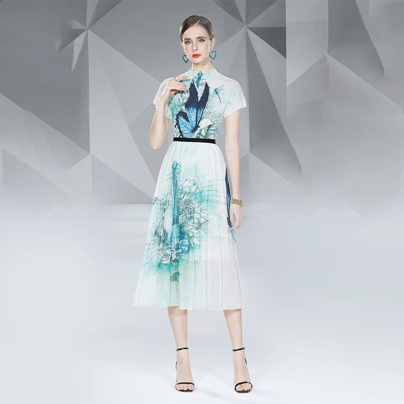 Manufacturer Wholesale High Quality Printed Pleated Skirt Women Summer Printing Elastic Waist Long Pleated Skirts Elegant