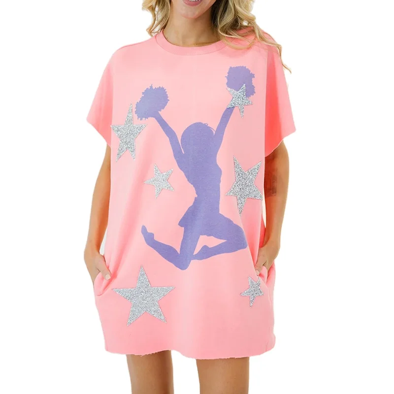 New Arrival Star Glitter T-shirt Dress Womens Casual Loose Dress Custom Summer Crew Neck Short Sleeve Sequin T-shirt Dress