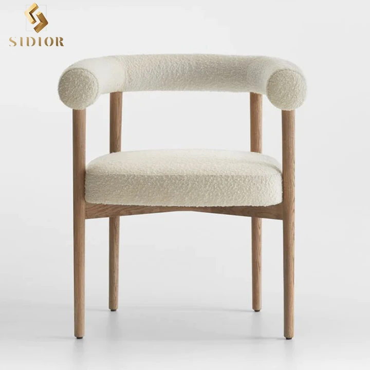 Modern Luxury Wooden Lamb Wool Boucle Chairs For Cafe Restaurant Fabric Cafe Dining Armchair Restaurant Tables And Chairs