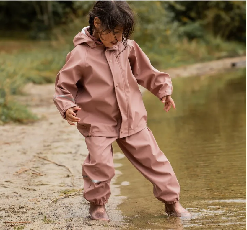 2022 waterproof children boys girls PU recycled rain jacket and trousers set reusable rubber kids pu rainwear