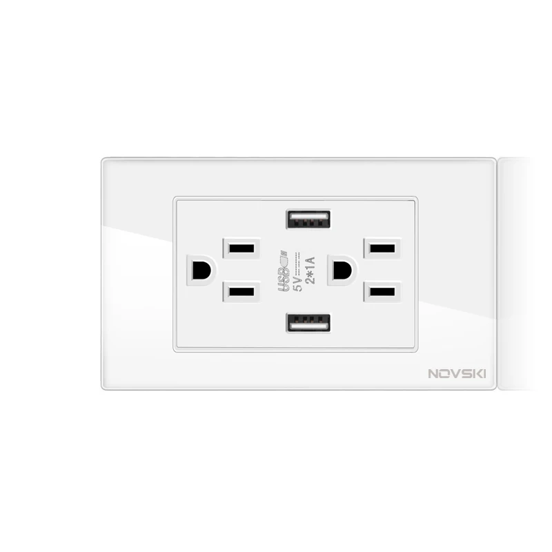 Professional switch factory crystal glass panel US dual 3-wall sockets with dual USB sockets