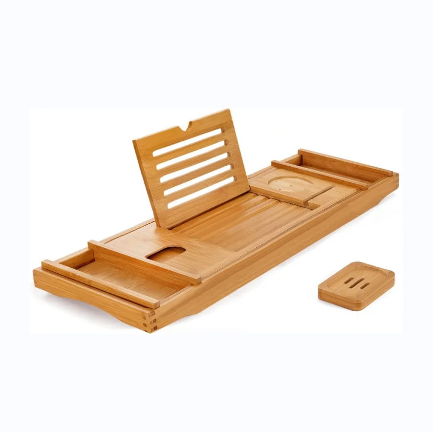 Bamboo Bathtub Caddy Tray Expandable Non-slip Bathtub Tray  Durable Bath and Bed Tray with Free Soap Holder