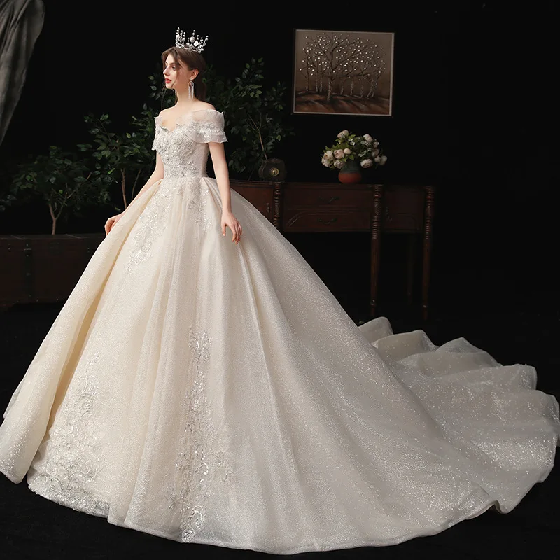 
Pakaian pengantin Vestido de novia Vestito da sposa lace Gaun pengantin white long sleeve Wedding Dress with tail Ball gown 