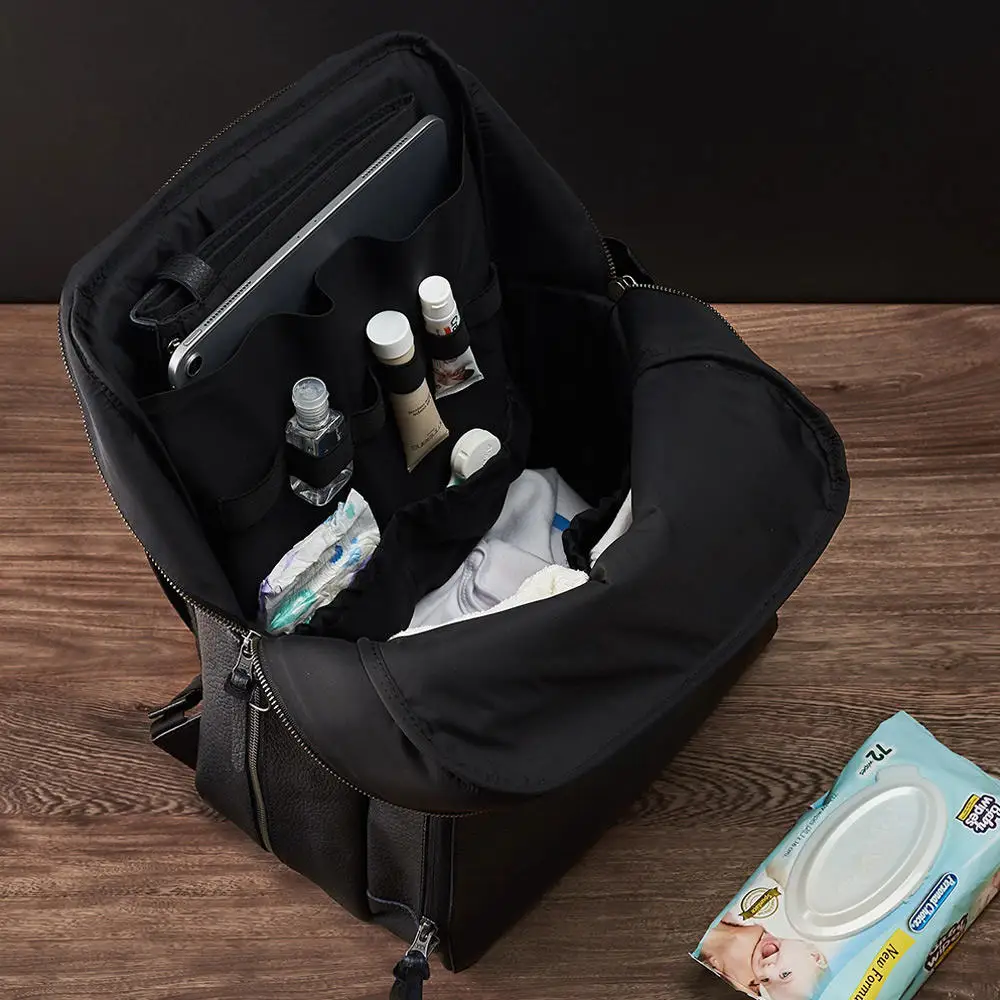 Высококачественный новый черный кожаный мужской рюкзак для подгузников с логотипом на заказ, сумка для влажных подгузников, рюкзак с пеленальной подушкой