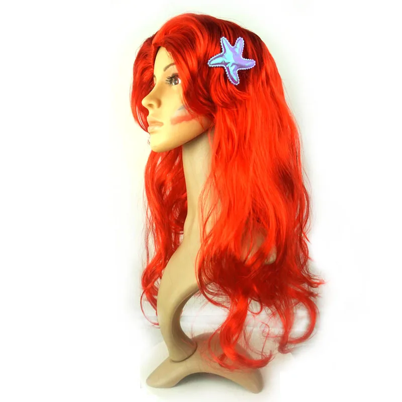 Kids Mermaid Wig With Starfish Hair Clips Girls Red Mermaid Wig Curly Wave Wig For Halloween Costume