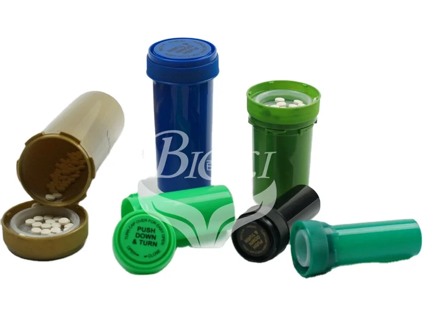 Plastic reversible vials or pill bottles or child resistant dram vials