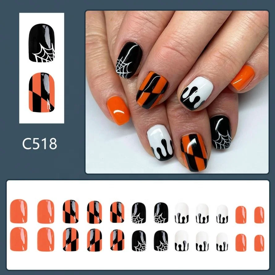 2024 Spider Web Short Halloween Press on Nails False Nails Full Cover Artificial Nails