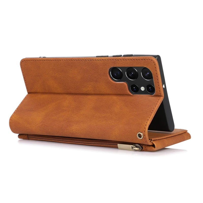Pu Leather Wallet Flip Cover Leather Phone Case Ziplock Bag  For Samsung S22 Ultra A Aeries