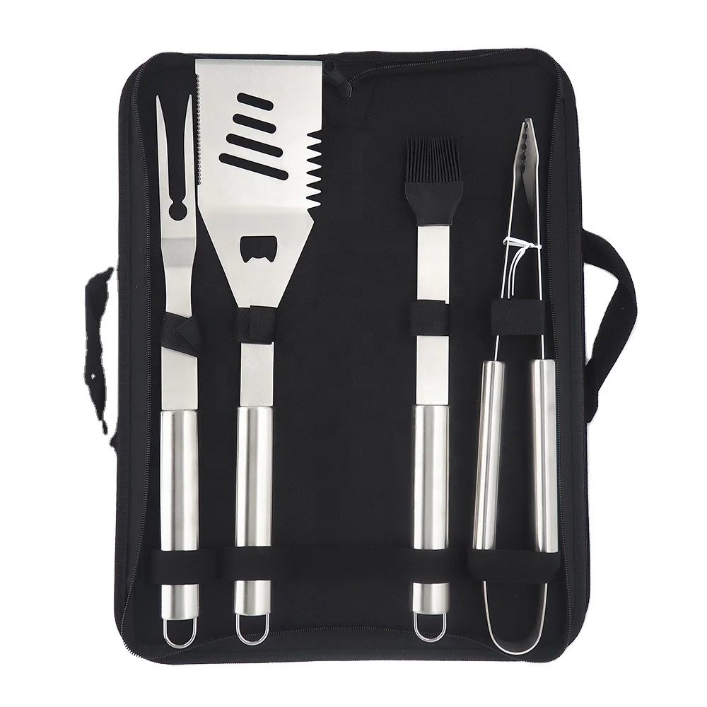 Heavy Duty Charcoal 4pcs Stainless Steel Handle Cif Cleaner Grill Barbecue Accessories BBQ Tool Set With Oxford Cloth Case