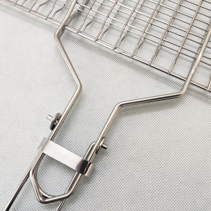 Folding Portable Stainless Steel Bbq Grilling Grill Basket Net For Roasting Meat With Wooden Handle