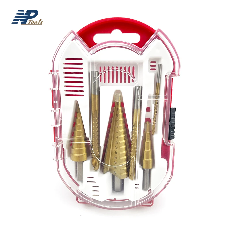 Naipu 6Pcs Combination Drill Bit Set Titanium Coated Triangle Handle HSS Step Drill Bits Set Saw Tooth Drill Bits Plastic Case