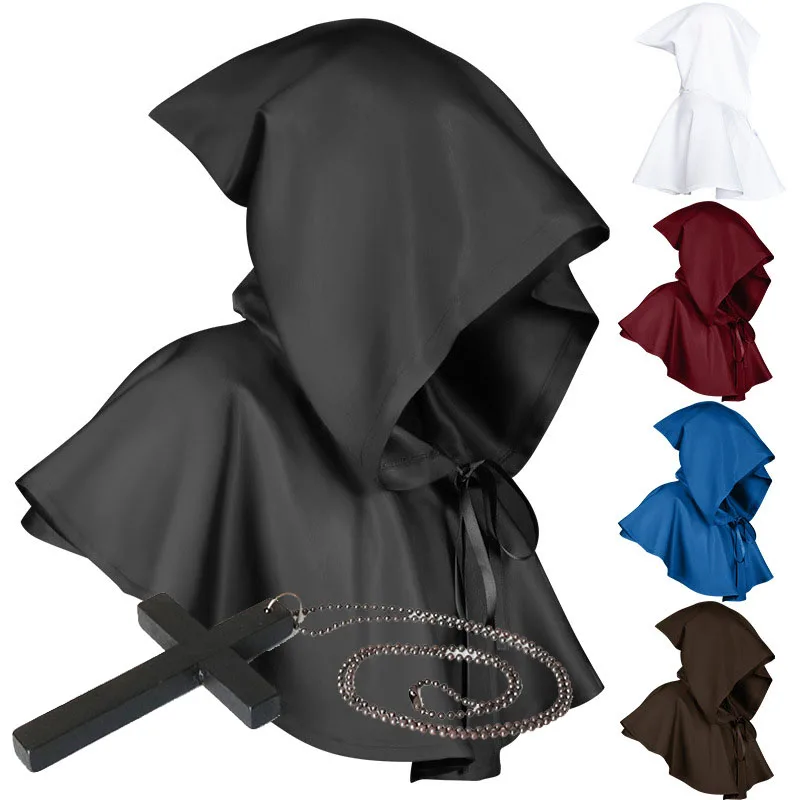 Unisex Adult Child Medieval Costume Hooded Cape Short Cloak Black White Blue Red Halloween Costumes Coat Fancy Dress Accessories