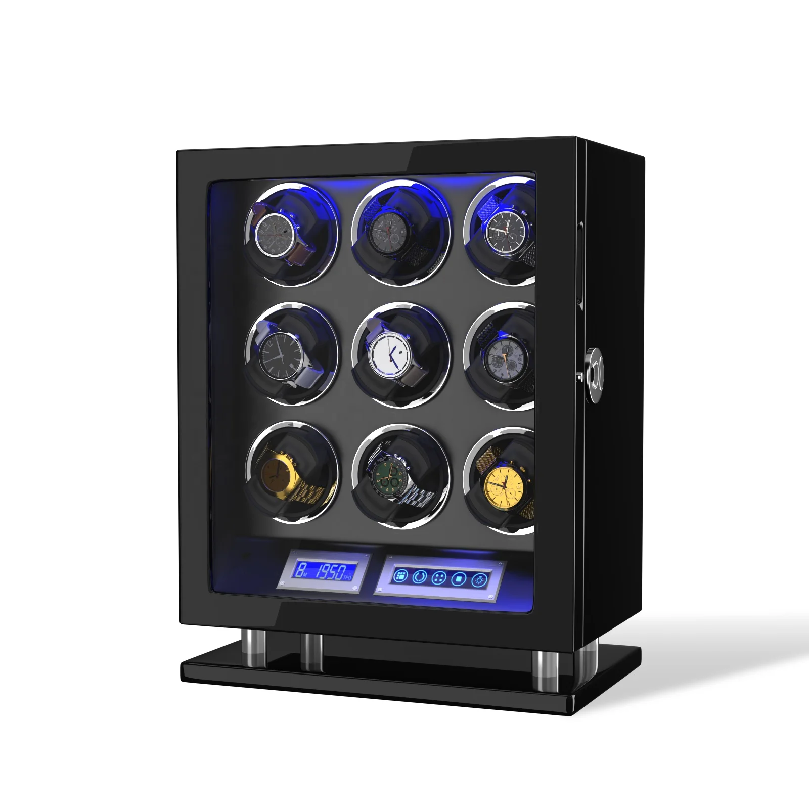 Custom Logo  High Quality Wooden Winder Watch Remote Control Fingerprint Lock LED Automatic Watch Winder Box Watch Winder