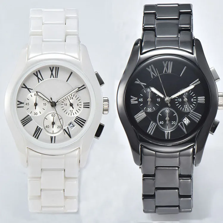 Japan Chronograph Custom Brand Logo Text OEM ODM Waterproof Quartz Black White Ceramic Watch Men