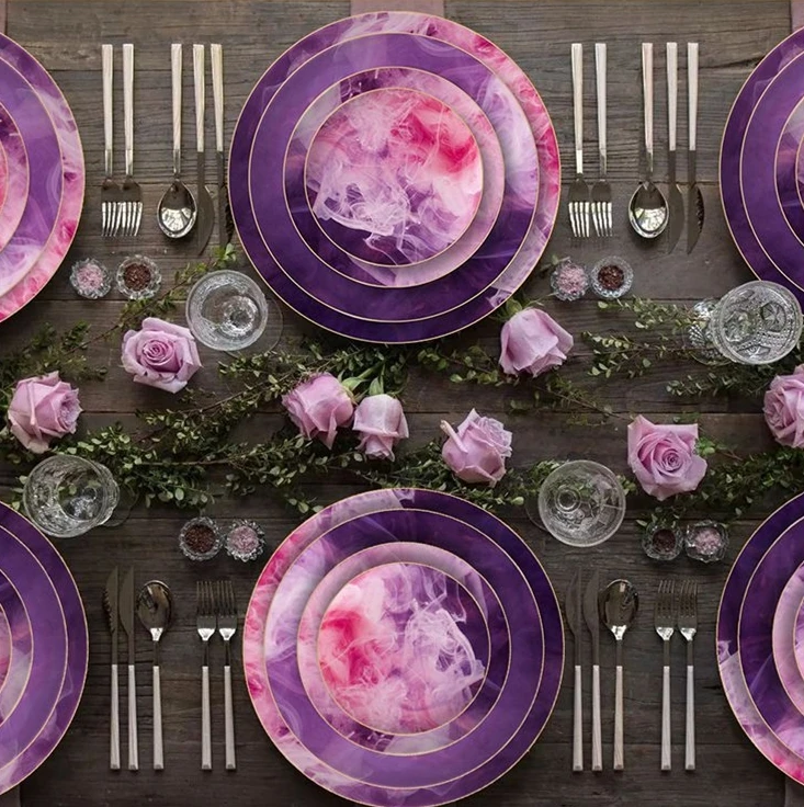 Creative Printed Bone China Porcelain Plates Purple Dream Wedding Decorative Dinnerware Sets