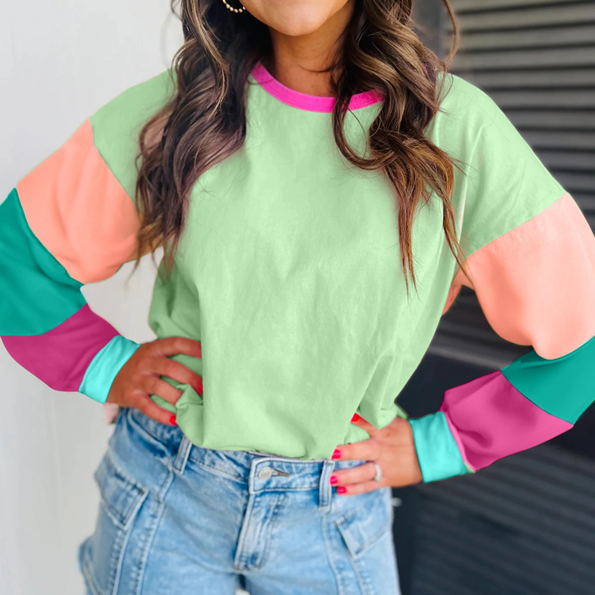 Dear-Lover Wholesale Cute Fashion Tops Mujers Colorblock Patchwork Round Neck Oversized Knitted Long Sleeve Women Tops