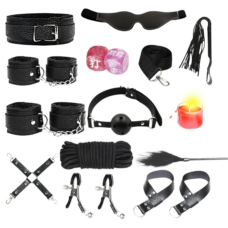 BDSM Leather Bondage 14 PCS Set Restraints Kits Adult Hot Games with Cuffs for Women Men Couples