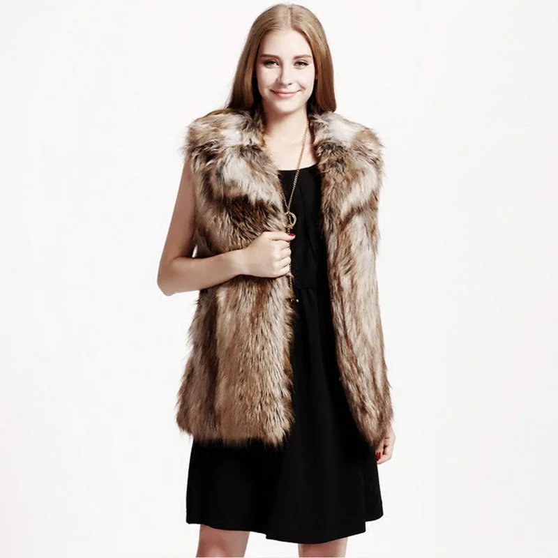 Elegant Women Winter Raccoon Fur Waistcoat Fluffy Hooded Faux Fur Vest