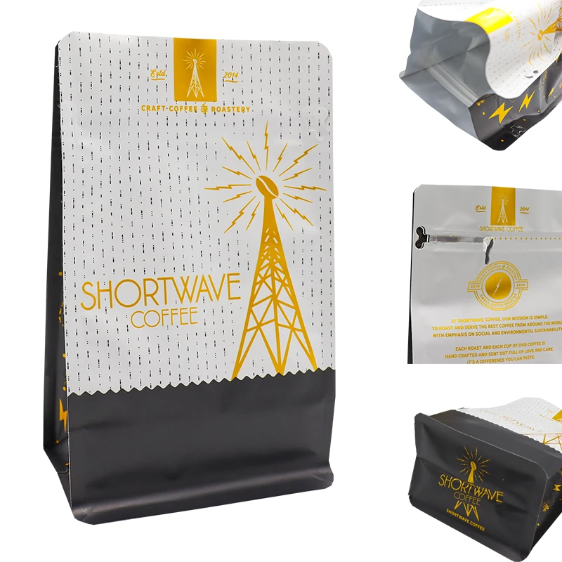 250g 500g 1kg matte white flat bottom aluminum black coffee side gusset bag package with valve and zipper