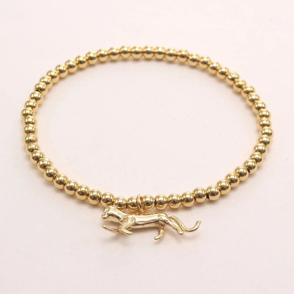 Cubic Zircon Leopard/Elephant/Bull/Lion Animal Charms Bracelet Brass Jewelry Round Beaded Bangle 18K Gold Plated Women Bracelet