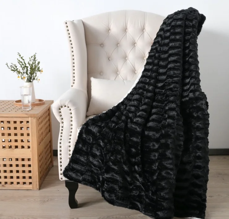 High quality thicken double lambskin blanket imitation fur plush back print plush sherpa throw  brushed PV fleece blankets