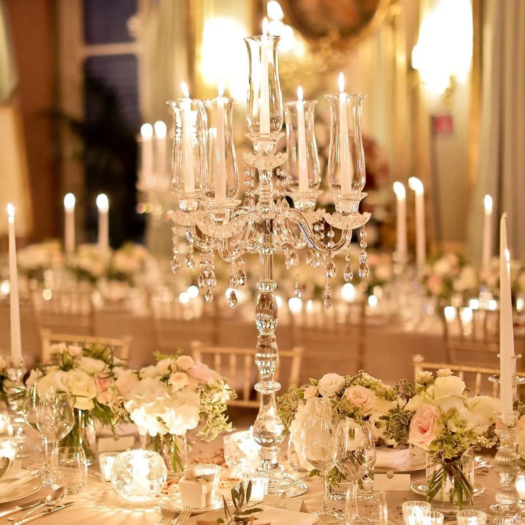 hurricane hot sale 39inch high glass candelabra 5 candle wedding decorations