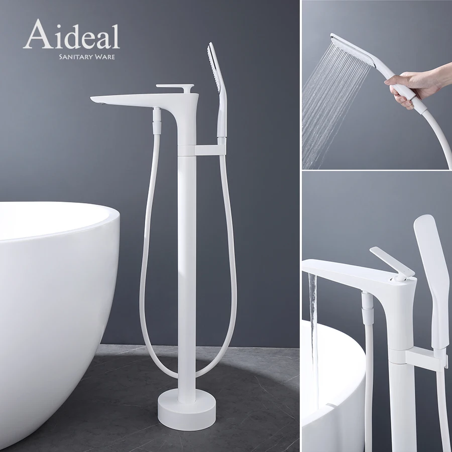 Solid brass two function pure white free standing floor mounted bathtub faucet