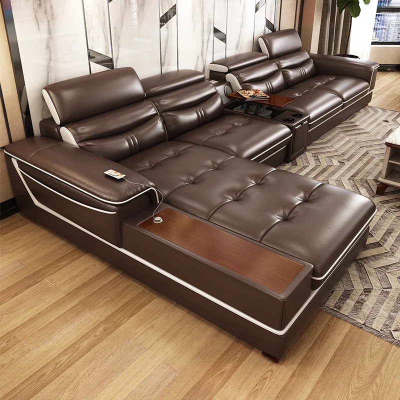 factory modern design sofa multifunctional adjustable height USB interface U shape leather living room sofa set Hotel Furniture