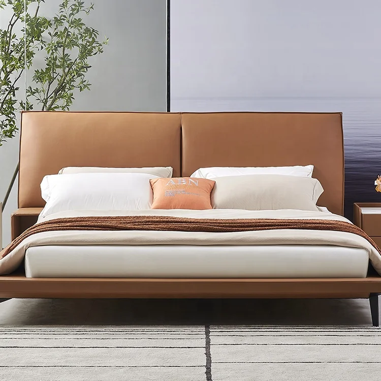 Imported Nappa Lychee Pattern Cow Skin Leather King Size Bed Frame Upholstered Bed With Bedside Table