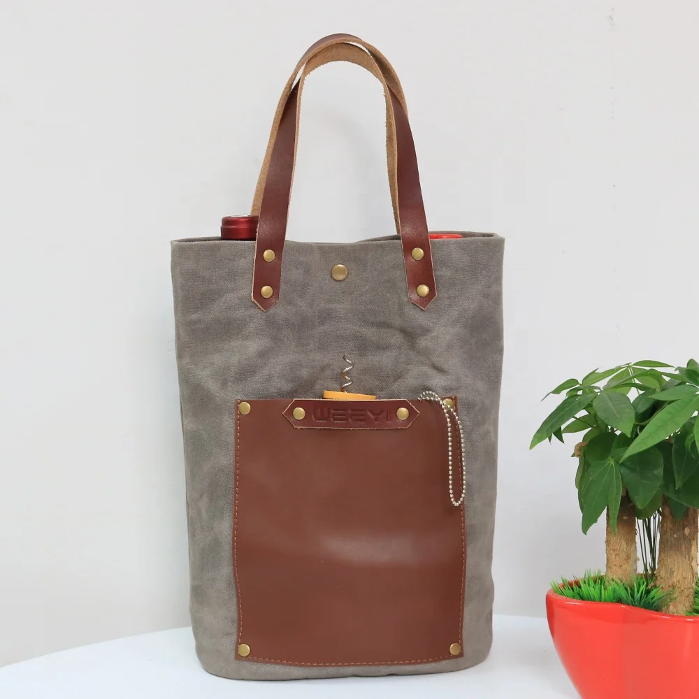 CHANGRONG Custom reusable waterproof grey waxed canvas leather tote bottle carriers wine bag