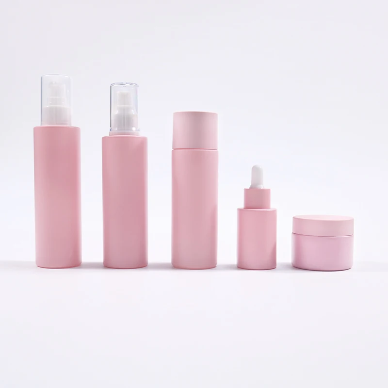 Matte Frosted Pink Skincare Packaging 30ml Glass Dropper Bottle 50ml Airless Pump Jar 100ml 120ml Glass Spray Pump Bottles Oils