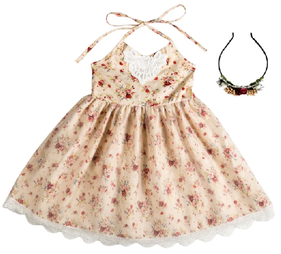 Fashion Dress Kids Party Dress Baby Girl Cotton American Style Dress Children Mini Lace Sleeveless Floral Support Rand Roll Neck