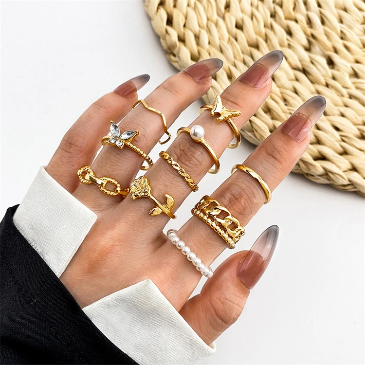 Fashion Jewelry 2023 Stacked Pearl Beaded Crystal Butterfly Rose Cuban Rings For Women