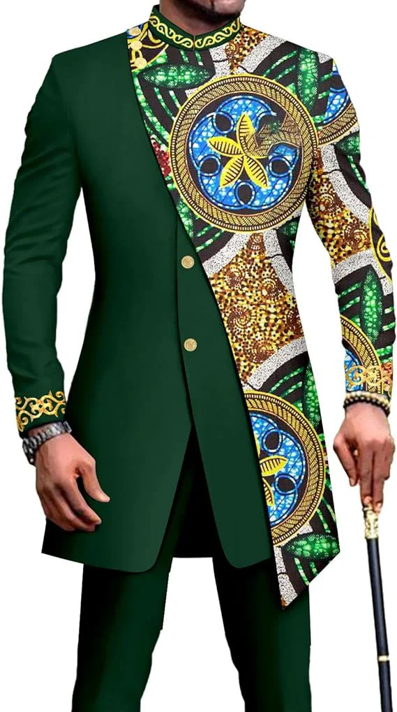 African Vintage Suits for Men Embroidery Print Blazer and Pants Set Business Suit Party Wedding Evening suit