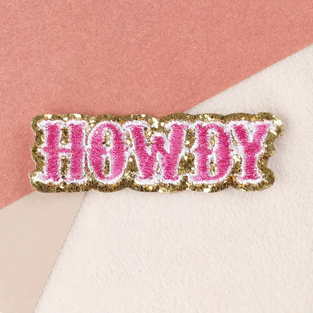 Custom Logo Embroidered Howdy Patches Iron On Gold Border Embroidery Glitter Varsity Letter Sequin Iron In Patches Howdy For Hat