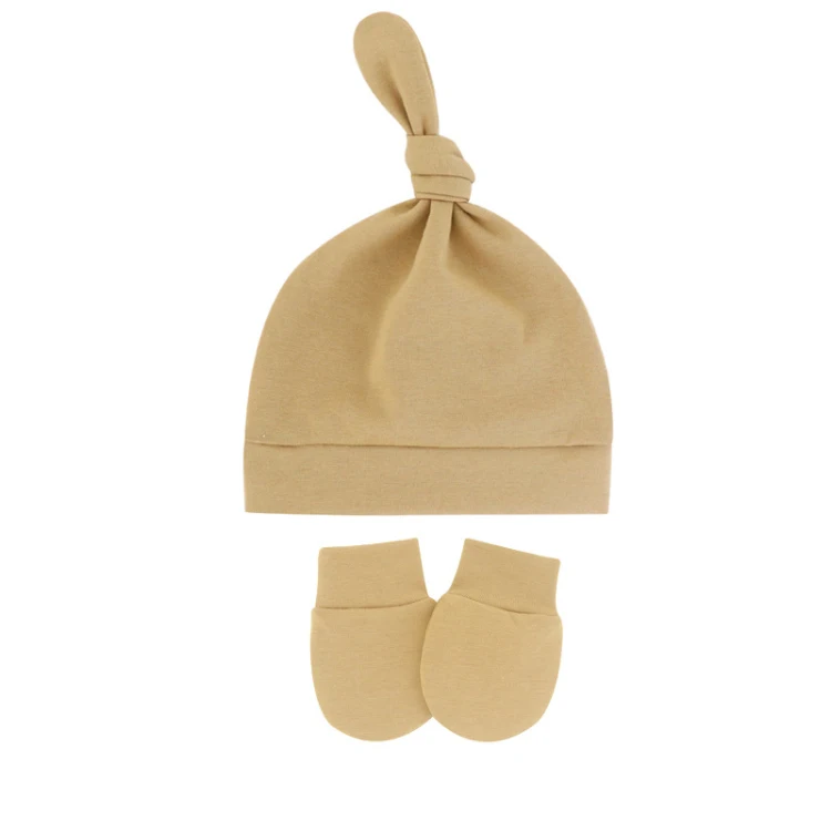 Soft Cotton Top Knot Stretchy Baby Beanie Hat Scratch Mittens