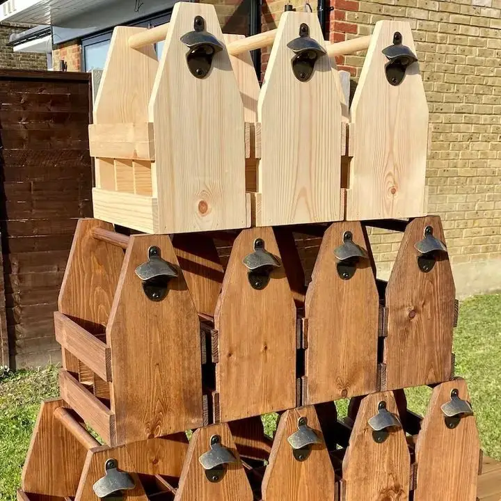 Customized design wooden beer bottle caddy with opener drink storage holder
