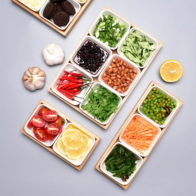 4/6 Compartment Tray Serving Platter Ceramic Snack Serving Tray with Bamboo Lid and Pallets for Food/Snacks