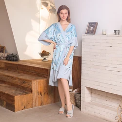 Animal Printed Sky Blue Thin Satin Silk Bathroom Robes High Quality Women Robe