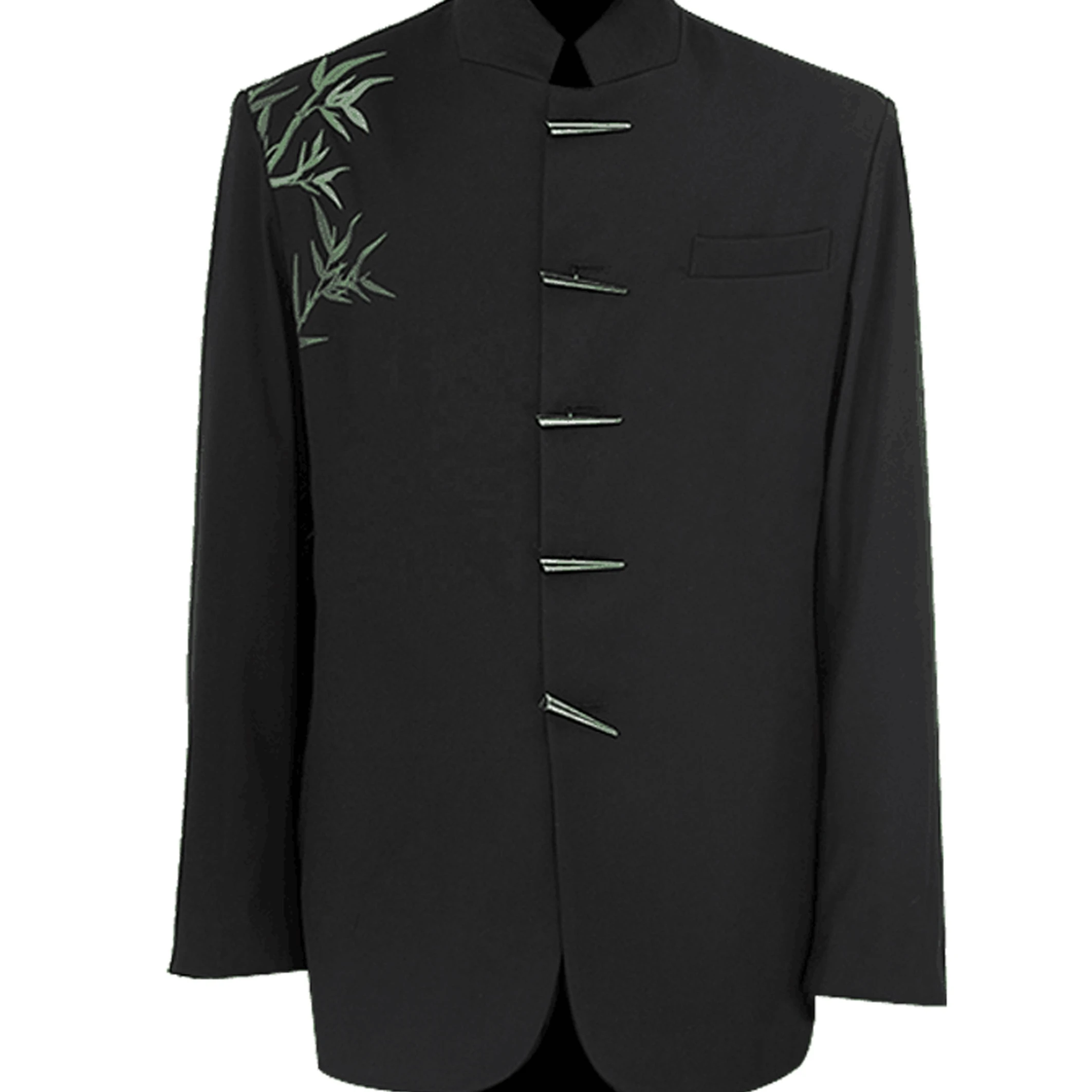 Bamboo leaf print metal horn buckle retro new Chinese style stand-up collar suit