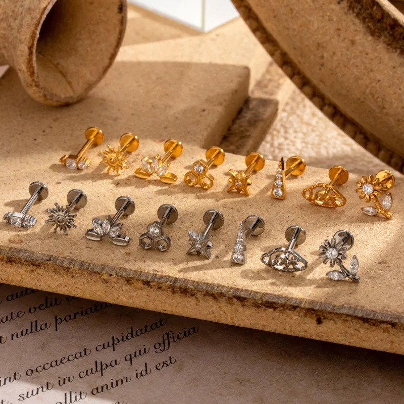 YICAI G23 Titanium Star Sunflower Earrings for Women Cubic Zirconia Flat Back Conch Helix Piercing Geometries Labret Studs