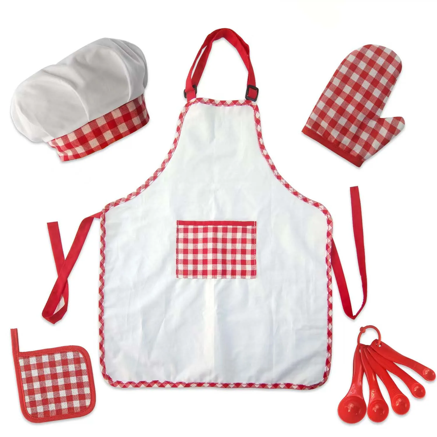 5pcs Kids Cooking and Baking Chef Set, Toddler Dress Up & Pretend Play Costume Clothes, Apron & Accessories Kitchen Toys