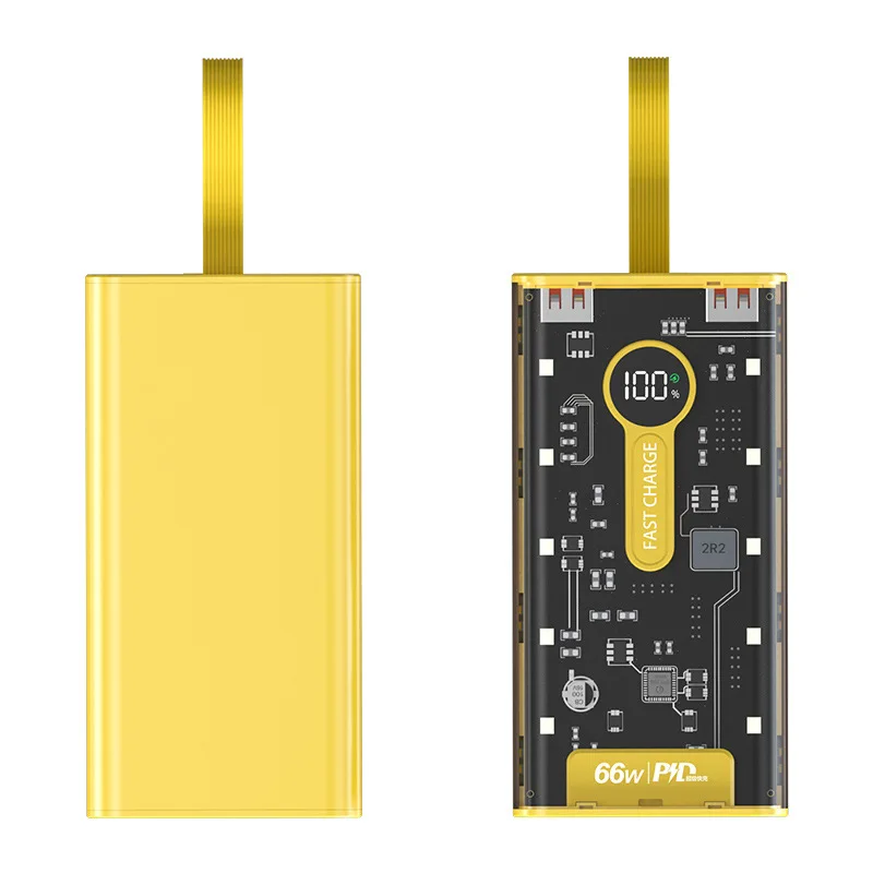66W ultra fast power bank with built-in 20000mAh cable, large capacity gift, transparent mobile power power bank